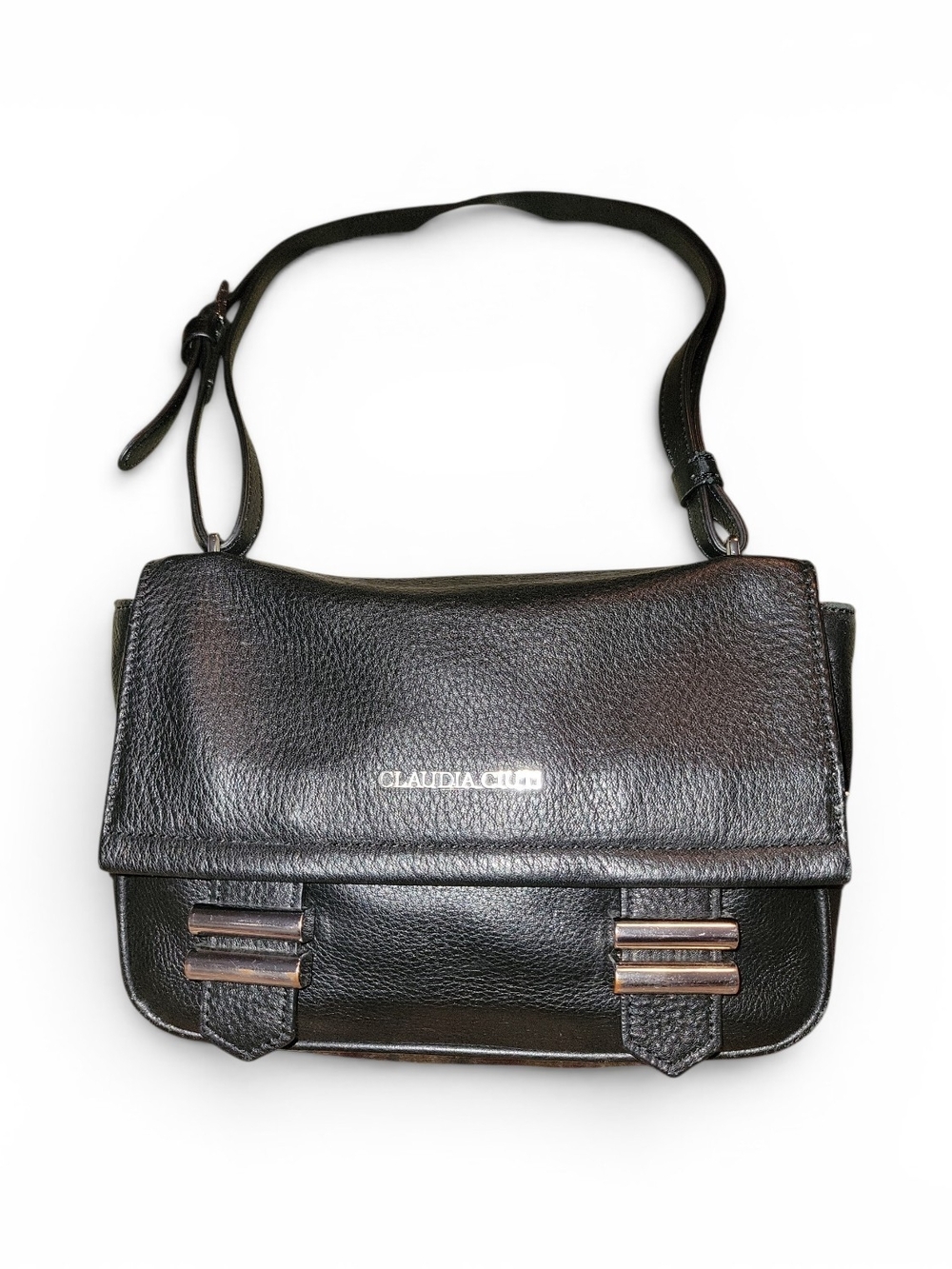 Claudia Ciuti Italian Pebble Black Leather Crossbody Flap Bag